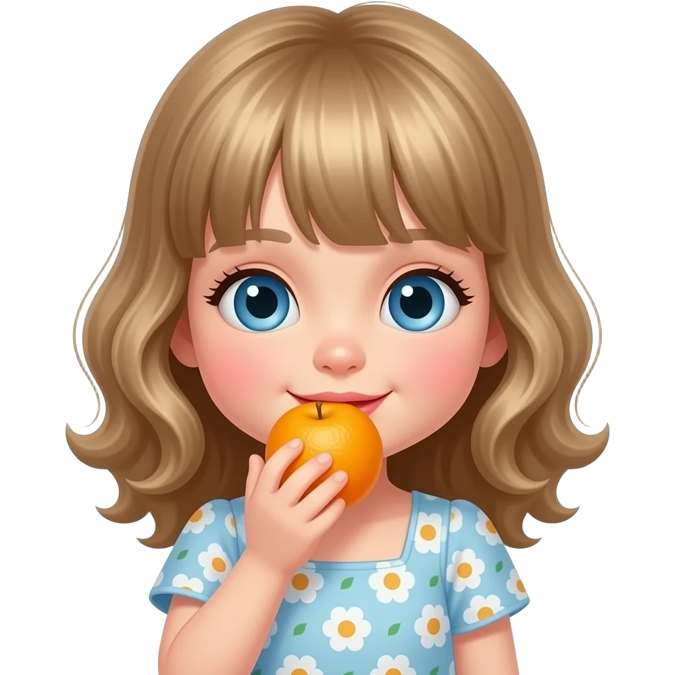 white kid blue eyes mid length with bangs soft curly hair to shoulders in color: middle to little darker blonde, in a dress, eating fruit emoji