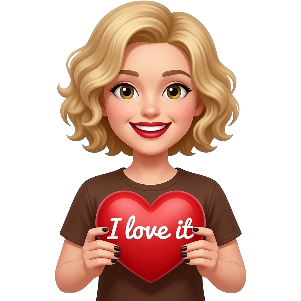 Short blond hair in curly sed swept holding a big red heart  saying I love itin both hands in black polish and dark red lipstick smiling, in a brown t shirt emoji
