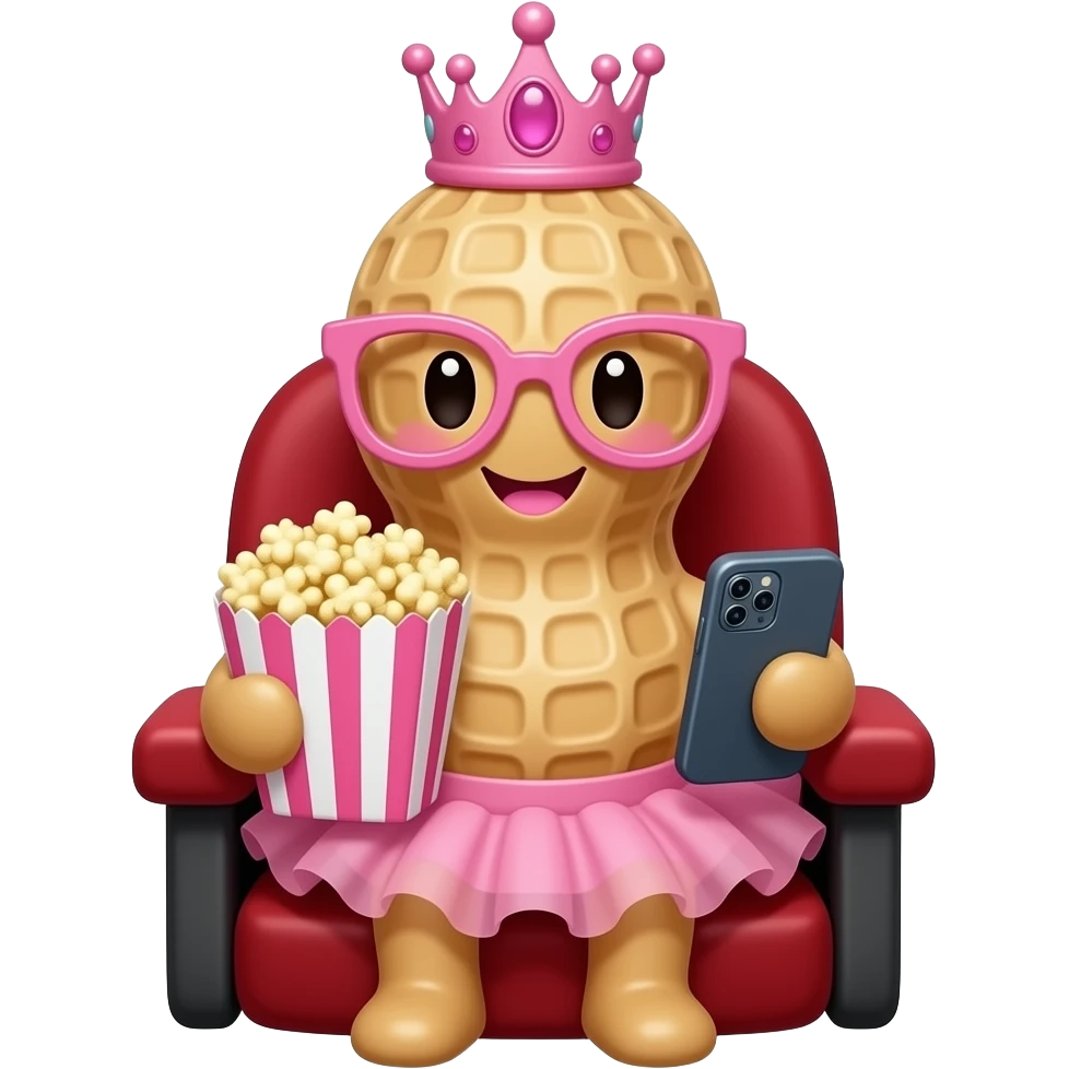 A peanut with a smiling chibi face and pink lips, wearing pink glasses,a princess tiara, and tutu- sitting in the opera box of a theatre holding popcorn and a cell phone emoji