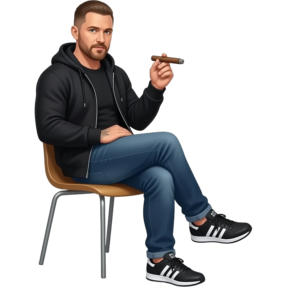 Том Харди в черной толстовке и кроссовках adidas сидит на кресле и курит сигару emoji