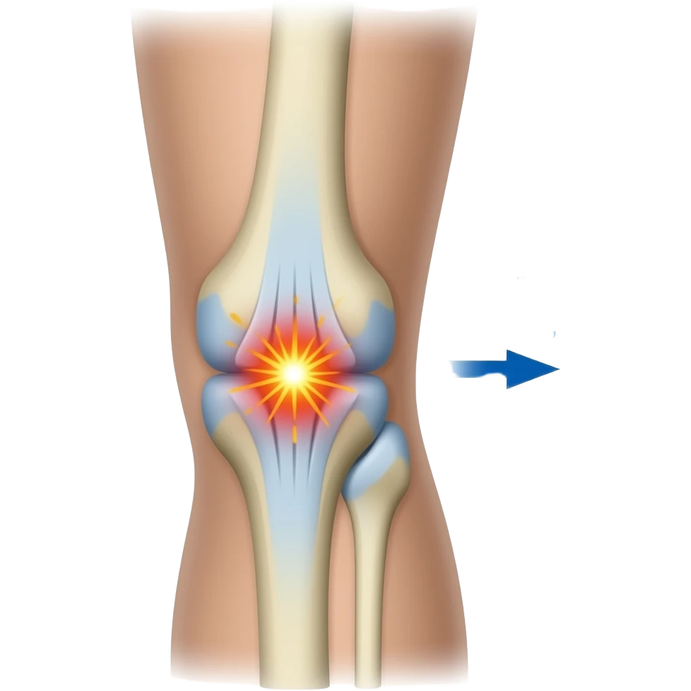 side view bent knee, ligaments and kneecap visible,  R arrow + L arrow showing range of motion with sparks that show pain inside the joint, emoji