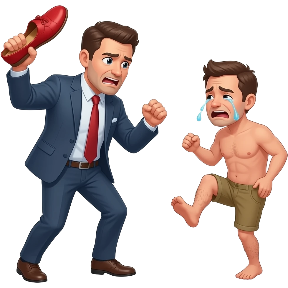 A dressed man, violently waving a large red slipper threatening a small, naked, weak, tearful, crying man, who has both hands on his buttocks, on tip toes, with his feet kicking in the air and his very small, hairy penis wiggling about, with his back to the other man emoji