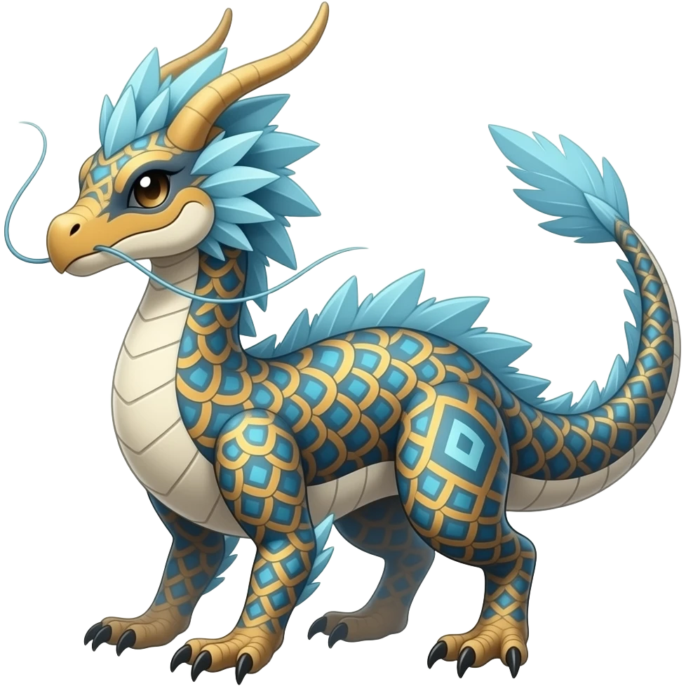 scaly shiny frilled feathery raptorik finned patterned tribal-patterned digitigrade quadrupedal Vaporeon-Salandit-Glaceon-hybrid with long thin dragon whiskers emoji