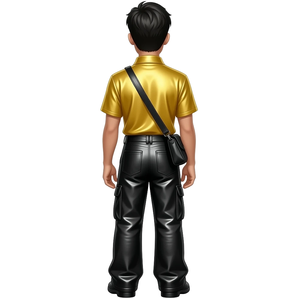 Greg Page from behind with black hair, yellow metallic turtleneck shirt, black metallic baggy pants emoji