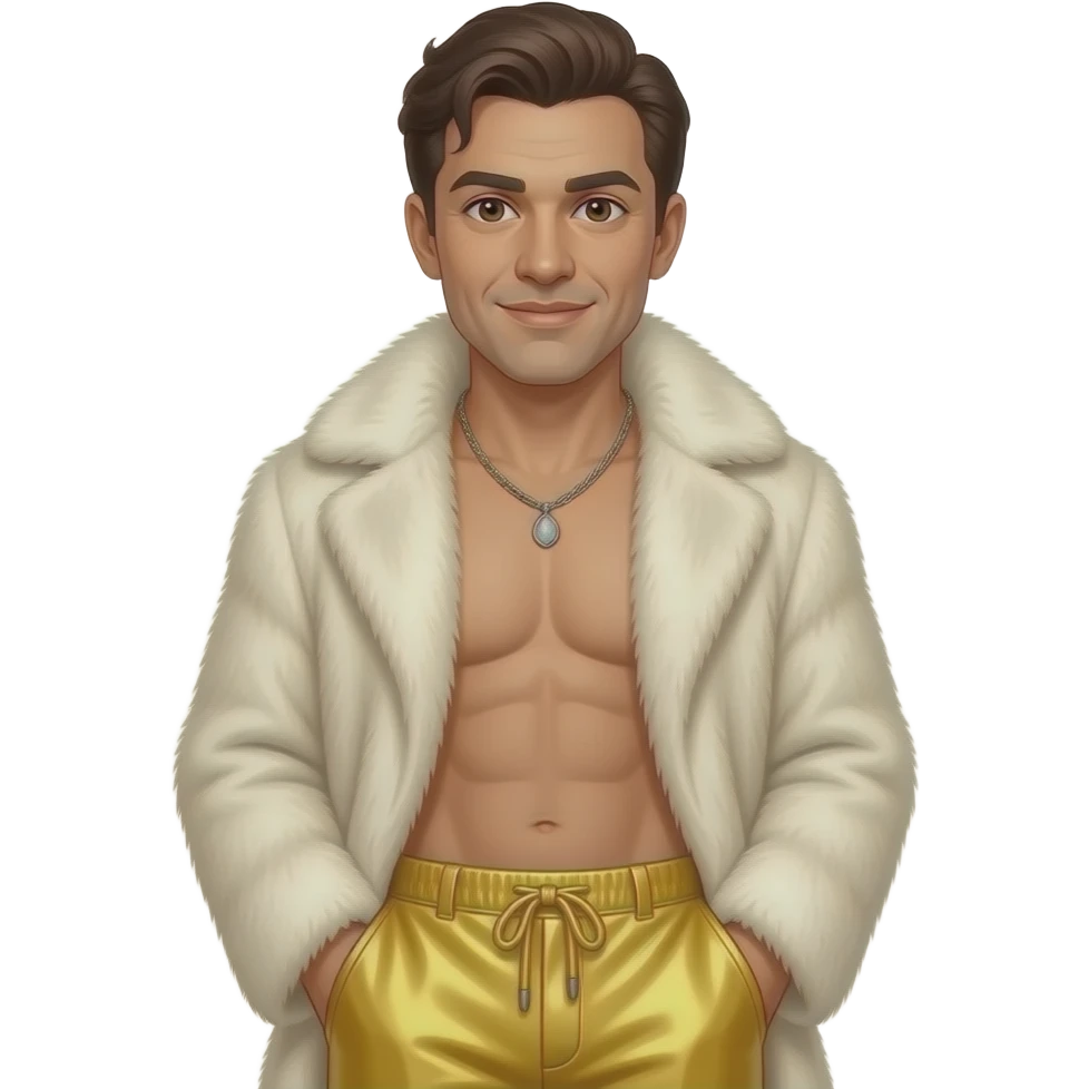 John Saxon with brown eyes, dark brown hair, ivory fur shawl, yellow metallic baggy pants, shirtless with necklace emoji