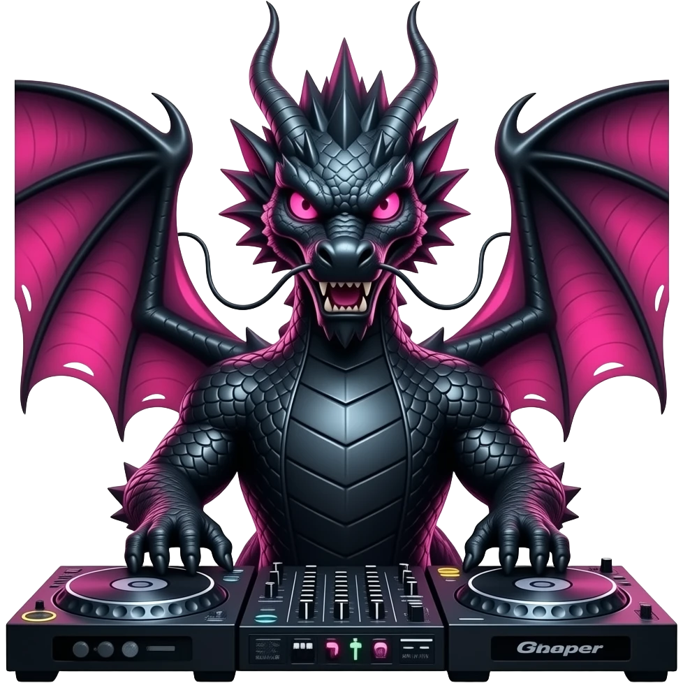 ancient Black dragon DJ, highly detailed, hyper real, DJ Deck, facing forward, pink and blue lighting emoji