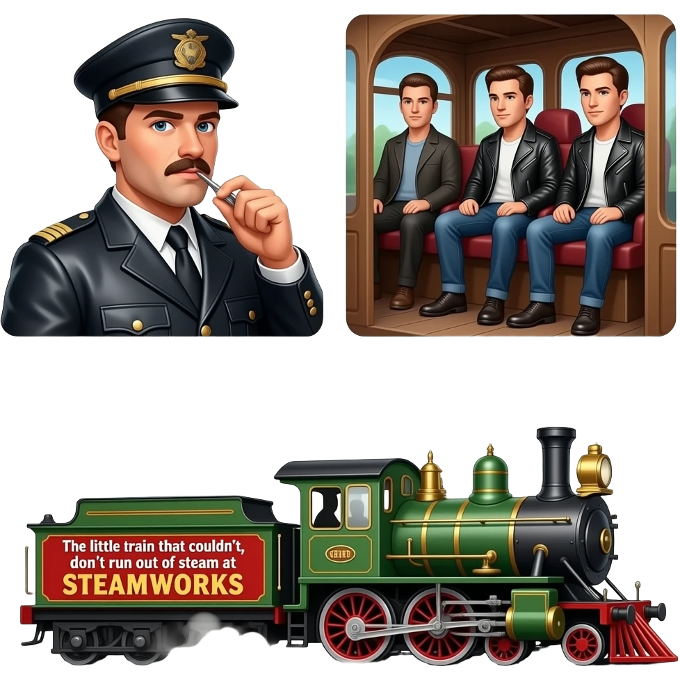 GAY Poster for SteamWorks: "The little train that couldn't, don't run out of steam at SteamWorks". Gay leatherman train conductor, gay leatherman passengers.. emoji