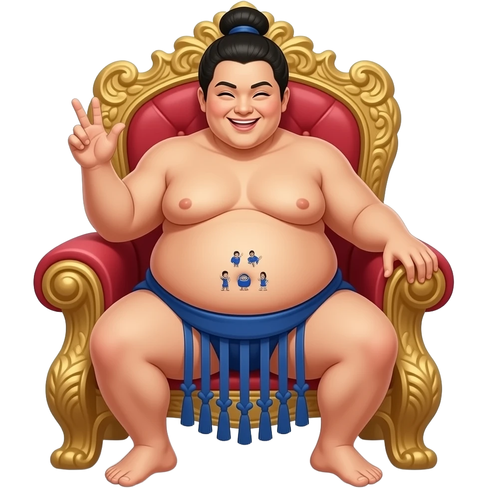 A female sumo warrior rests on a throne bench,with a cutely playful gesture she hangs out her overstuffed obese exposed belly,so the tiny volunteer admirers can use the girl’s vulnerable belly to bounce on,The female giant giggles because her bellybutton is ticklish. emoji