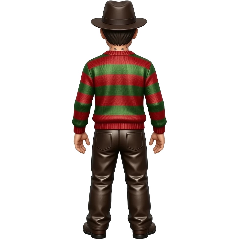 Freddy Krueger from behind with dark brown hat, red and green striped metallic sweater, dark brown metallic baggy pants emoji