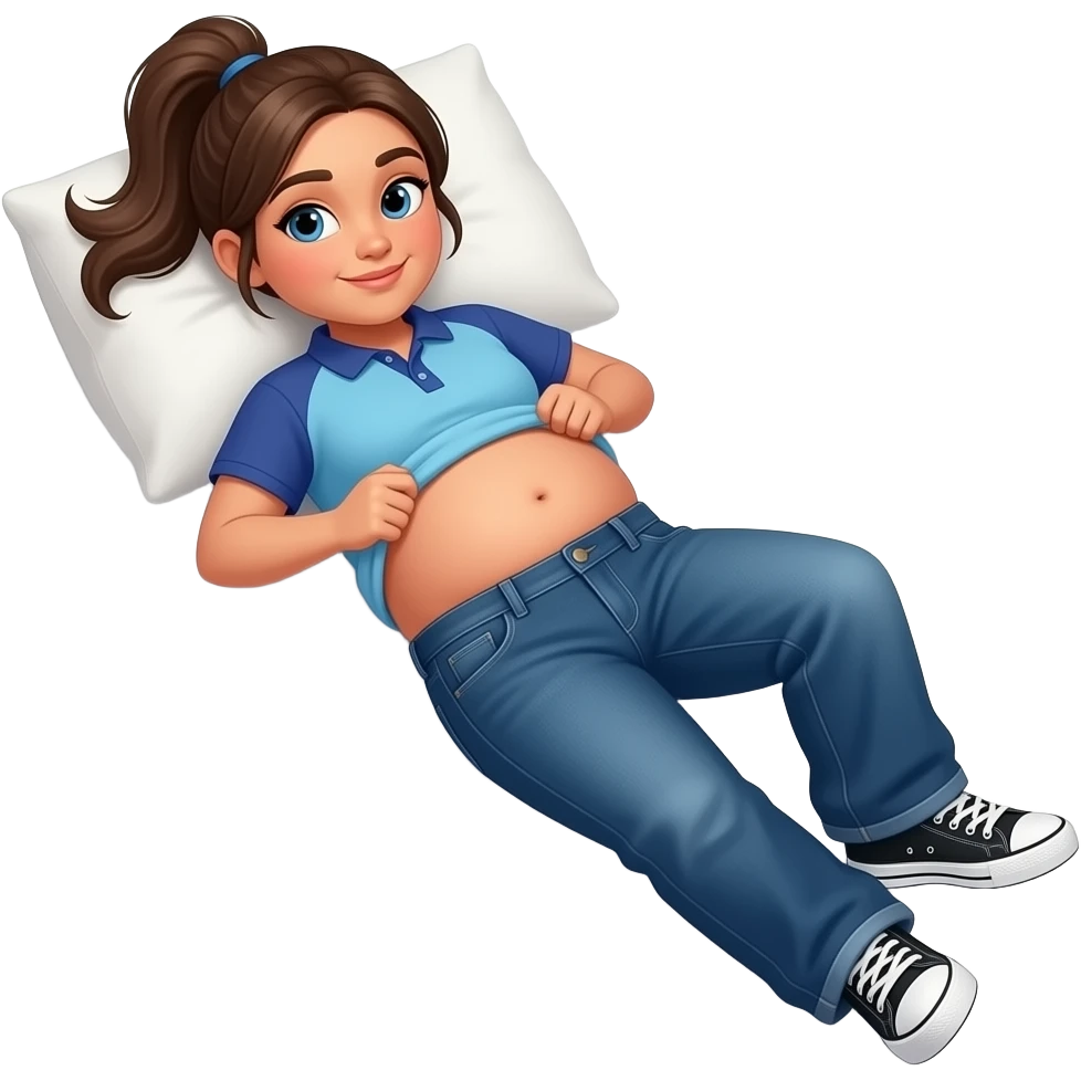 Hispanic girl with brown ponytail and blue eyes light blue and dark blue polo and dark blue baggy jeans and white and black sneakers and belly button laying down on her pillow on her bed lifting her shirt to show her fat belly emoji