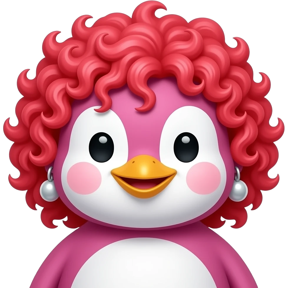 pink penguin with curly bright red hair and big earrings, just face emoji