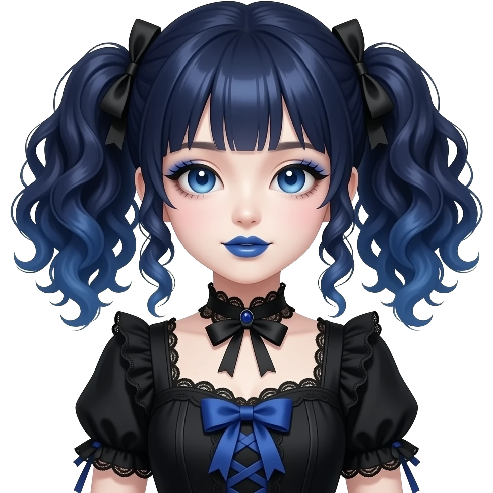 Japanese pale woman with dark blue curly pigtails and bangs, royal blue lips and eyeshadow, long eyelashes, blue eyes, black Lolita dress with laces and ribbons, gothic Lolita doll look emoji