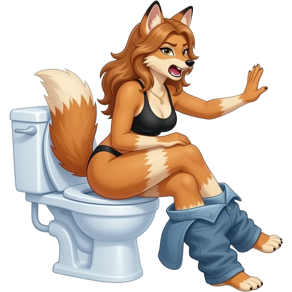 Female jackel furry person woman sit on toilet pants off,grunting,hand on wall,crossing legs,side view,fursona emoji