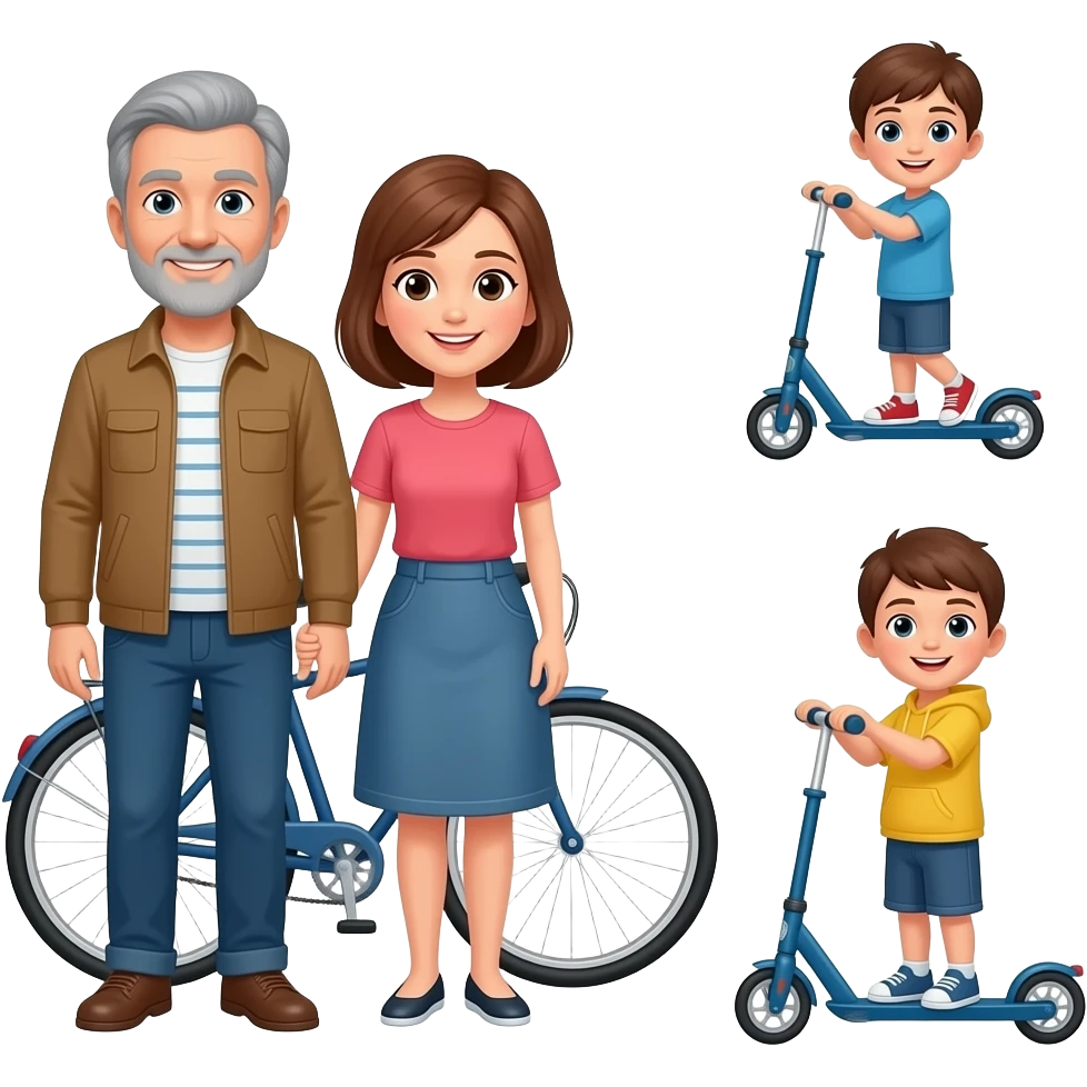 папа и мама стоят около велосипедов  дети на самокатахх emoji