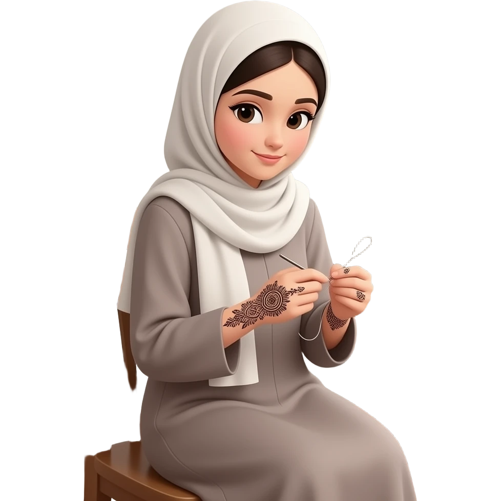 background room girl sitting and doing handcraf mehndi hijabis not too colorful emoji