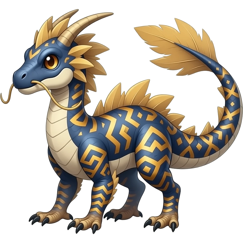 scaly shiny frilled spiky frilly feathery raptorik finned patterned tribal-patterned digitigrade quadrupedal Vaporeon-Salandit-Umbreon-Salamence-hybrid with long thin dragon whiskers emoji