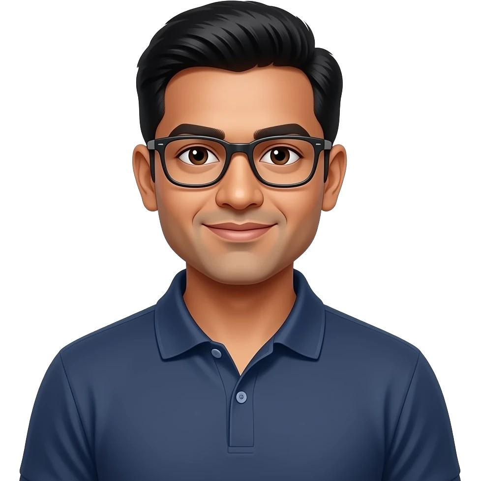 48 years old ,indian 11 male , with blace frame glasses , polo t shirt emoji