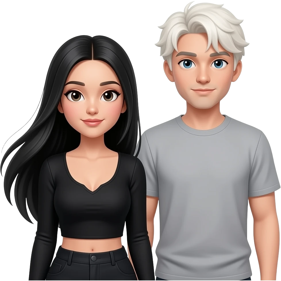 female with wasian lighter skin features, long black straight hair with a middle part, and a low cut long sleeve black top, hair is flowing and waist length, standing next to white blonde boyish husband with strong jaw good looking long neck emoji