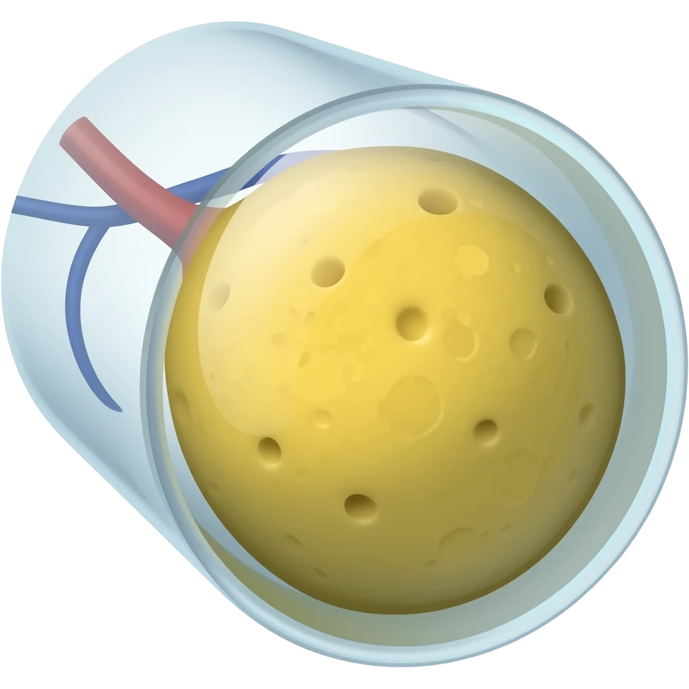 small yellow adipose mass inside vascular tube partially blocking blood cells flow emoji