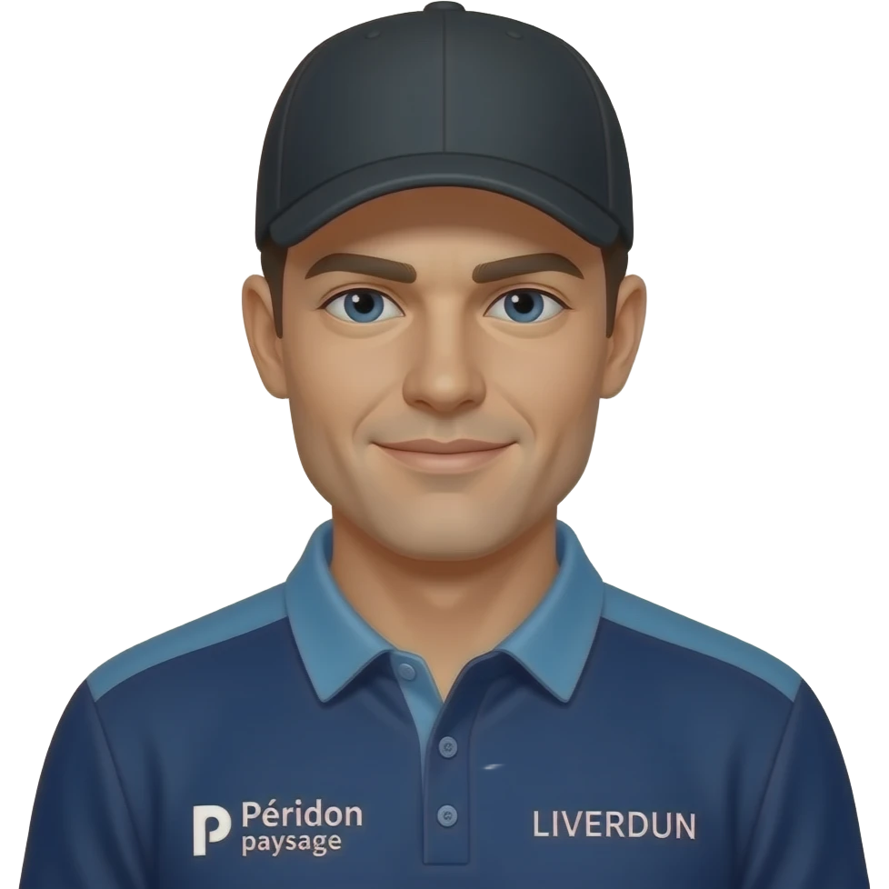 visage homme maillot bleu marine, col 2 boutons avec col et épaules seules bleu clair et logo "Péridon paysage" côté gauche LIVERDUN côté droit casquette noire  avec 2  boules emoji