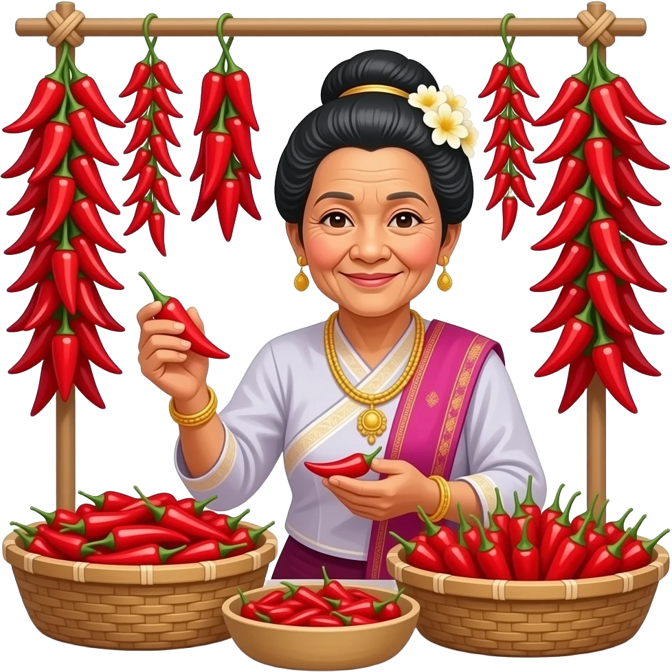 A Thai old woman is selling Thai chili peppers at the market emoji