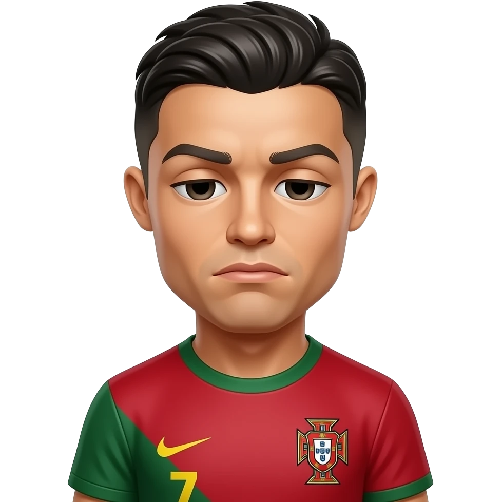 Cute man Cristiano Ronaldo, Portugal jersey, sad face, looking down, glossy 3D emoji sticker, white outline, transparent background, ultra detailed. emoji