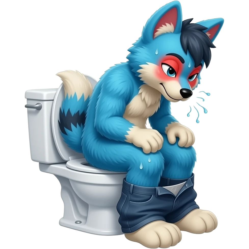 blue fursuit sitting on toilet, side view, pants down,  straining, red face, sweating emoji