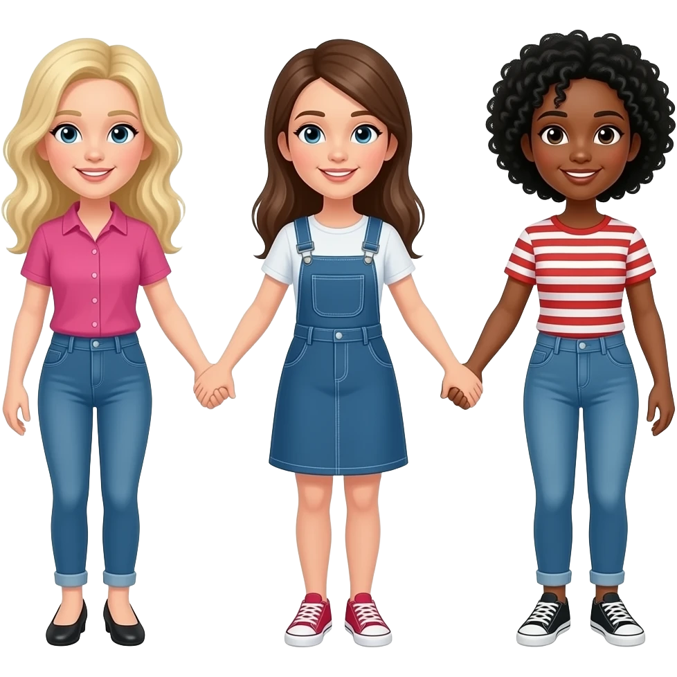 Three women holding hands. First one white with blond hair, second white with brown hair, third black with black hair emoji