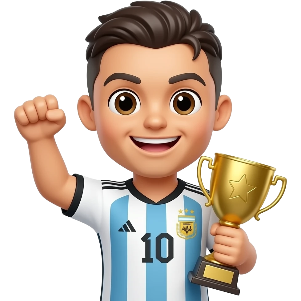 Cute 3D Ronaldo emoji wearing Argentina jersey, holding 1 golden trophy, raised fist pose, adorable emoji render emoji