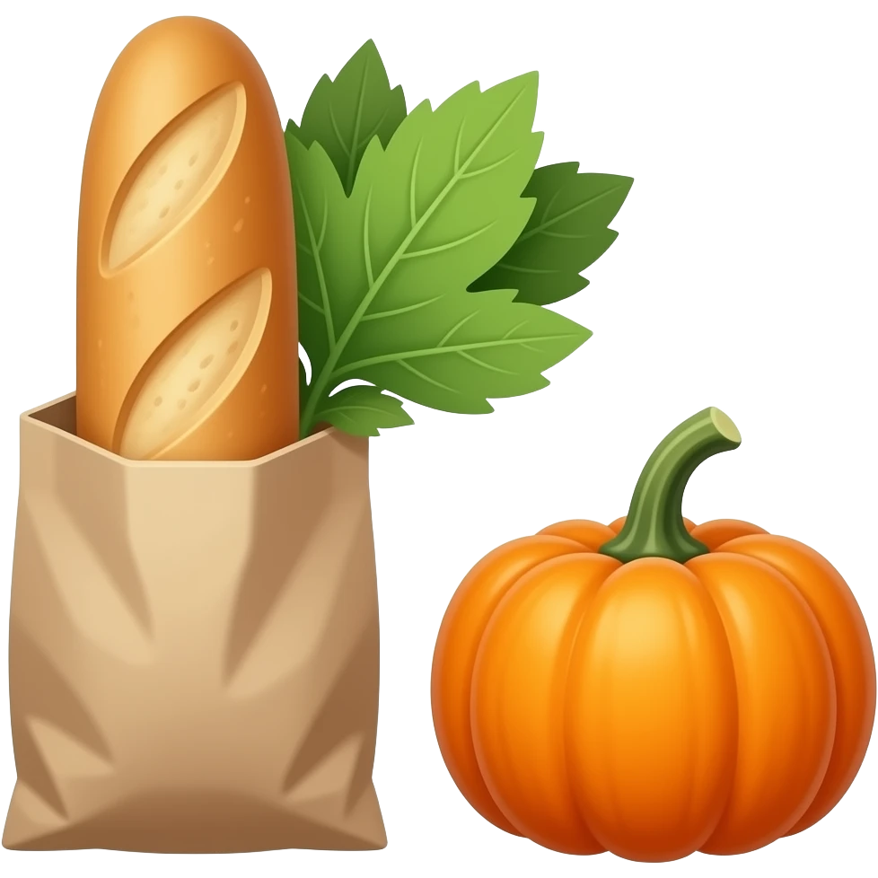 крафтовый пакет с едой торчащим багетом зеленью и тыквой emoji