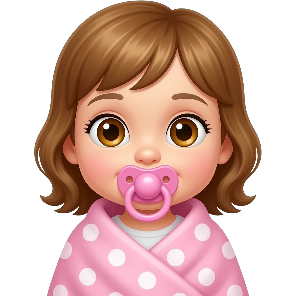 a babygirl with hazel eyes and honey hair, pink pacifier, pink swaddle with polka dots emoji