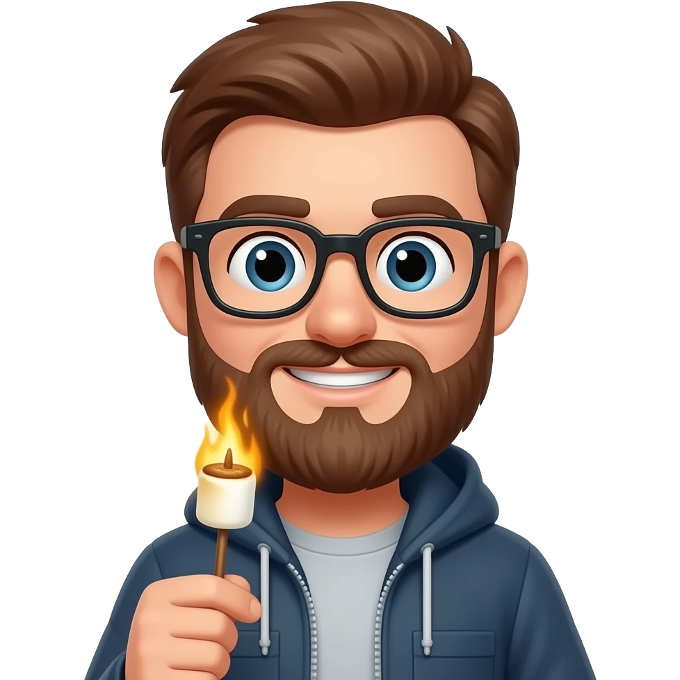 roasting marshmallow with brown beard and glasses emoji