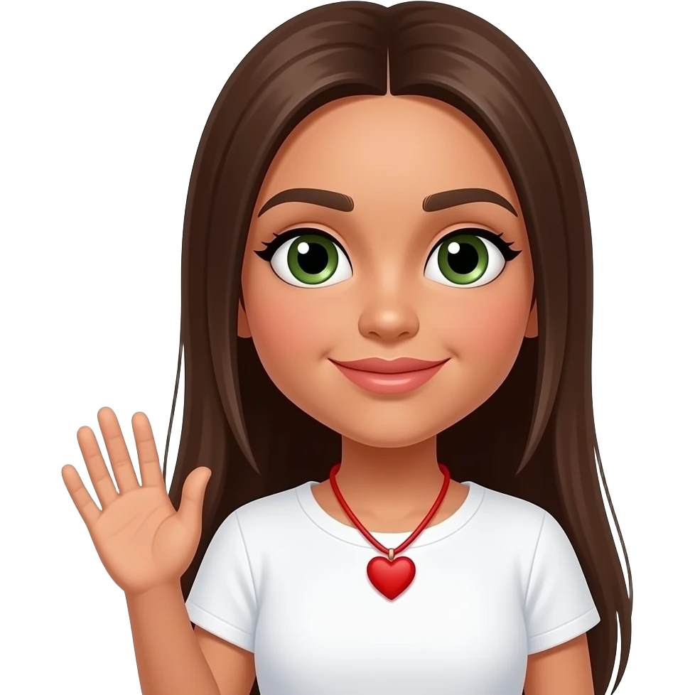 super long brown  middle part straight haired , tan girl with green eyes and big plump lips small button nose, and has a very cute round face and is a latina, from her chest up with a simplewhite shirt, has very straight eyebrows , soft feminine features, is waving, wears red heart necklace emoji