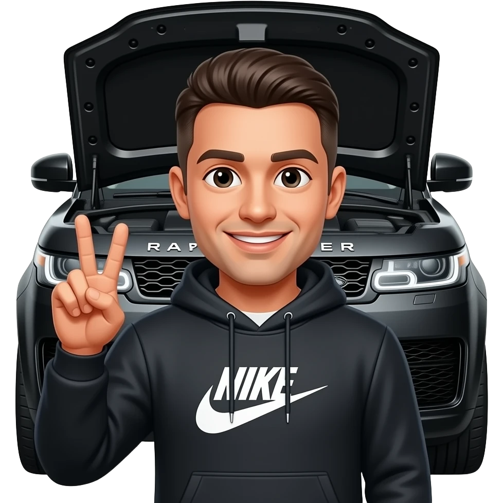 Black Range Rover svr hood open with driver holding peace sign and smiling with Albanian guy with short hair and Nike tech hoodie emoji