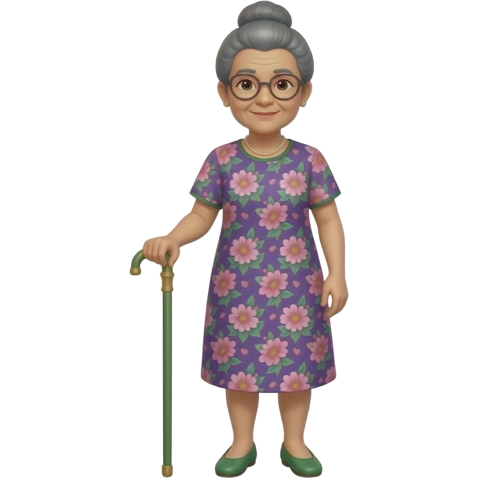 elderly asian woman, with black hair in a bun, wearing glasses and a purple, pink and green floral dress and green flat shoes, holding an elegant green wood cane emoji