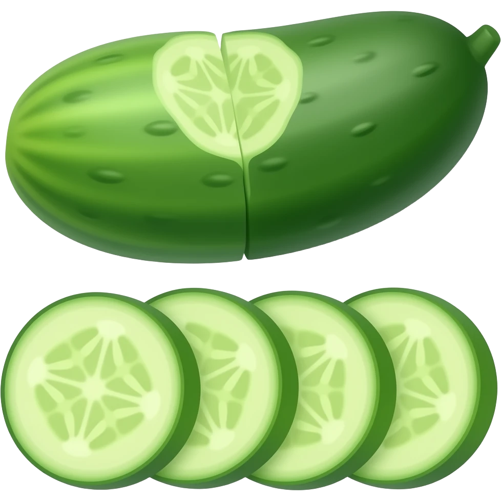 slightly incised whole Cucumber and four sliced Cucumber emoji