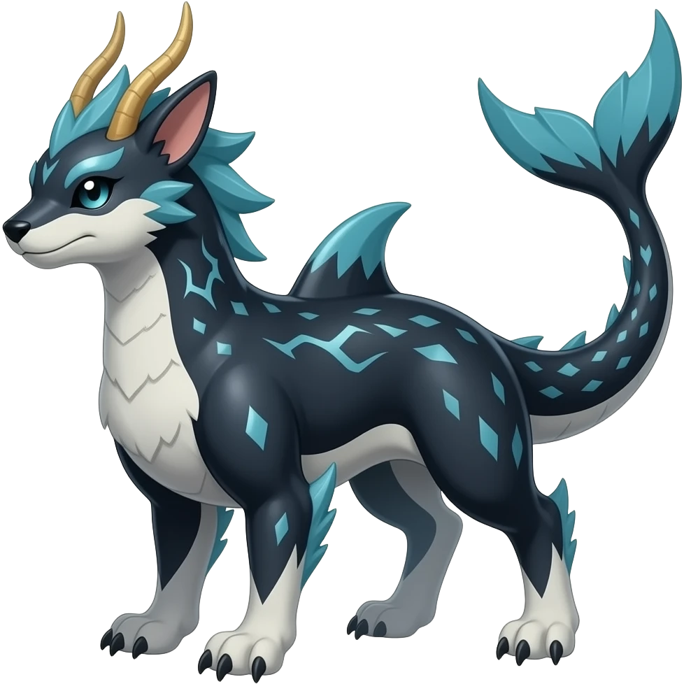 Tough realistic Quadrupedal digitigrade shiny glossy smooth finned frilled gothic tall slim unique epic legendary shiny edgy cool cyberpunk-solarpunk-fantasy-Sceptile-Sprigatito-Flyogn-Vaporeon-Electrike-Mudkip-Fakémon-hybrid with an orca tail emoji