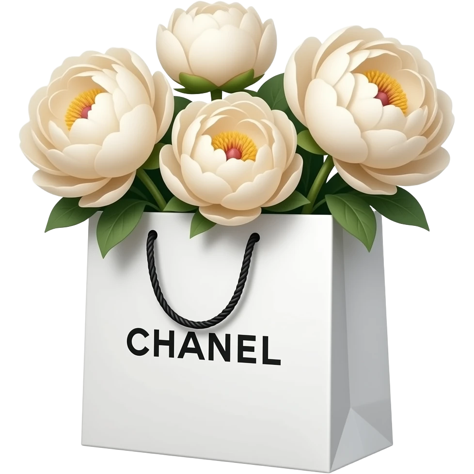Realistic white chanel shopping bag with beige peonies in it emoji