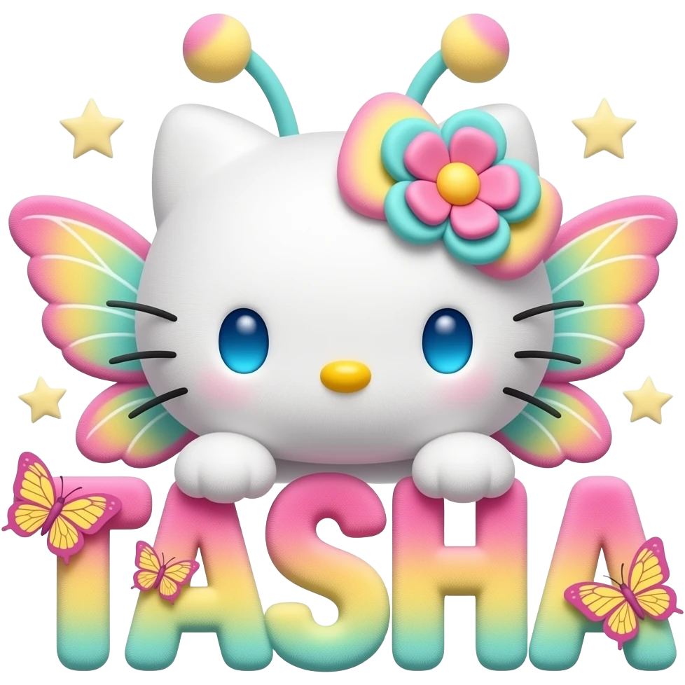 White velvety fur 3D hello kitty head, pink yellow cyan ombre 3D flower ...
