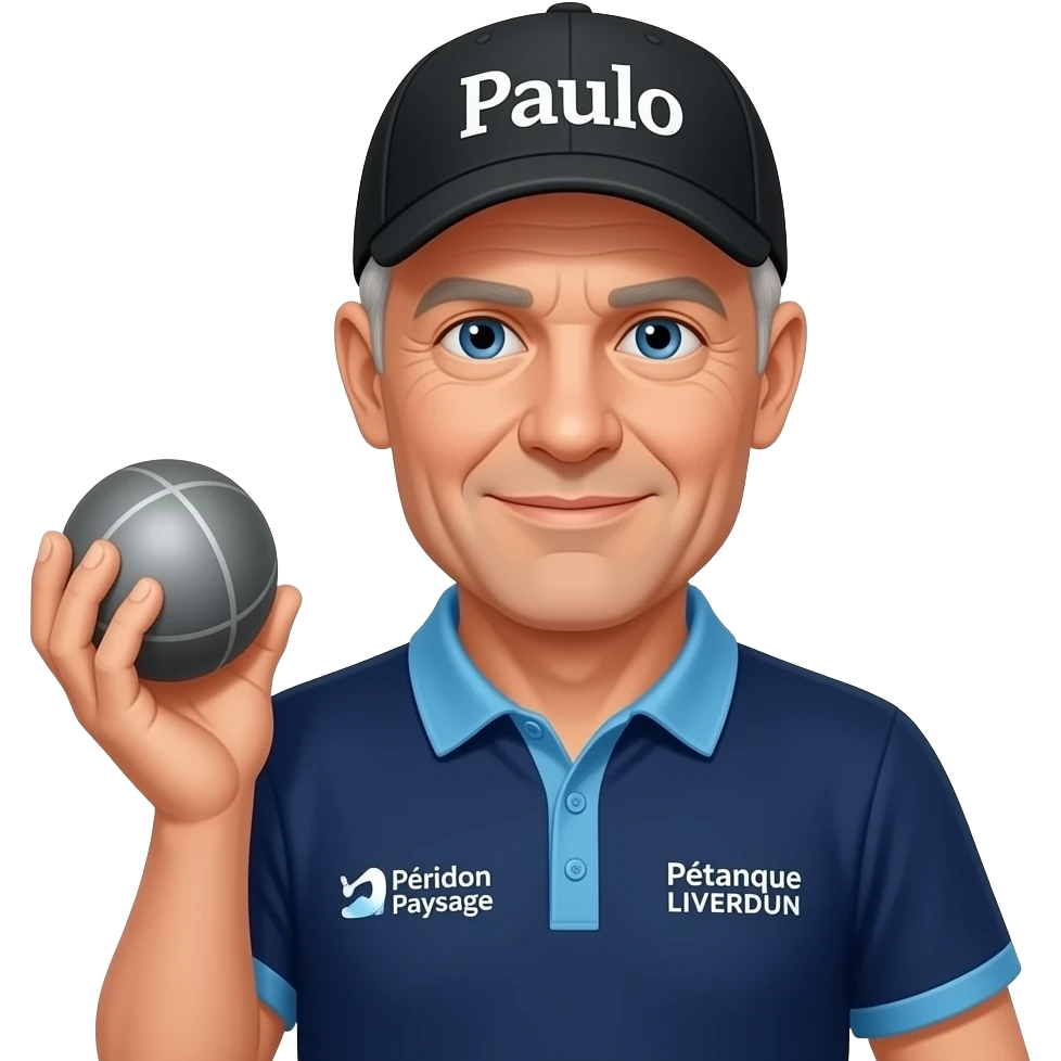 homme 60 ans yeux bleus tout rasé, casquette noire avec "Paulo" inscrit dessus avec boule de pétanque grise à la main sur maillot bleu foncé avec col trois boutons bleu clair et avec épaules seules bleu clair coté bras bleu foncé inscription droit "Pétanque LIVERDUN, côté gauche "Péridon Paysage" emoji