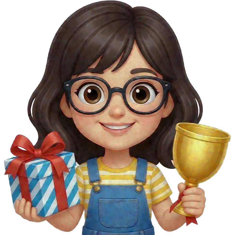 black haired girl wearing glasses with gifts and prizes emoji