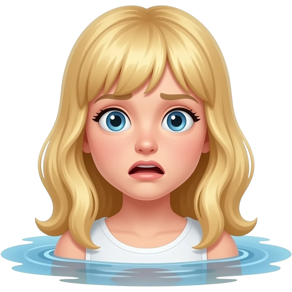 a blonde haired girl scared looking at the water of a laker emoji