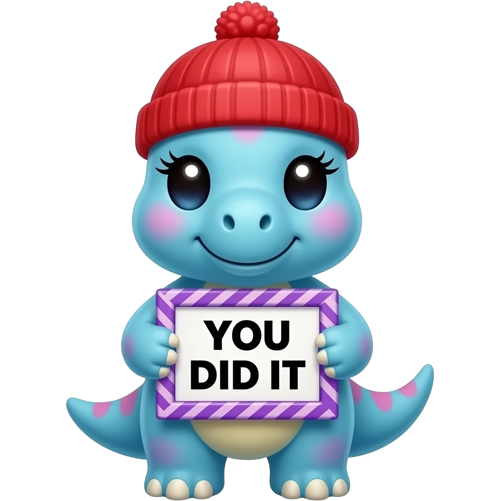 Create a super cute kawaii blue and pink gradient Animal which Looks Like a Brachiosaurus facing front with big eyes and long eyelashes and with a red winter hat holding a colorful purple zig zag frame sign with in front of its chest that says in a funny black font "YOU DID IT" emoji