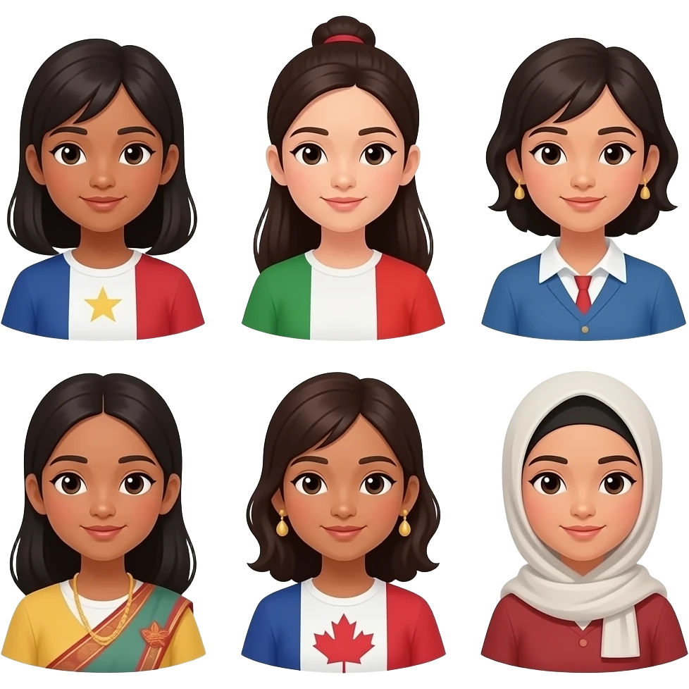 Make 9 girls, one black girl, one Korean girl, one Filipina girl, one Italian/polish girl, one Japanese girl, one Indian girl, one Indian girl, one Canadian girl, and one hijab girl emoji