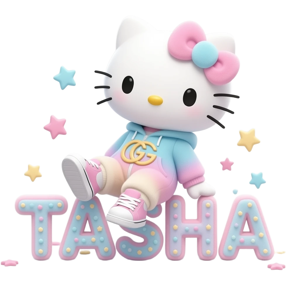 4D Velvety fur hello kitty wearing ombre white and blue and pink ombre pastel colored onesie and sneakers, and with the Gucci symbol on her ombre pastel bow sitting sideways leaning back on top of the velvety 3D outlined letters TASHA surrounded with tiny ombre pastel stars made of candy emoji