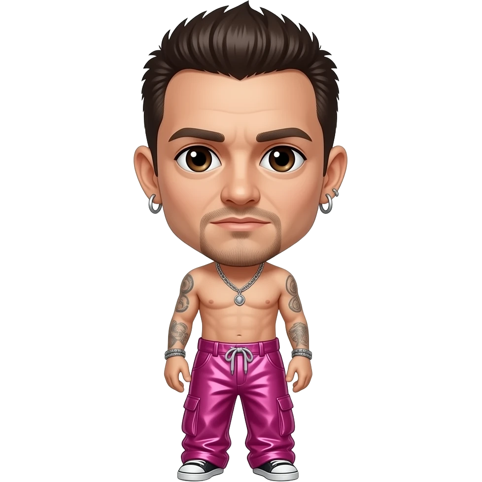 Chester Bennington with dark brown eyes, dark brown hair, hot pink metallic baggy pants, shirtless with necklace and earrings emoji
