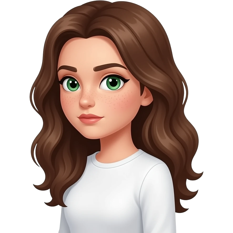 Brown wavy long hair green eyes cute face with freckles pretty girll in cute  white top with long sleeve and very soft collar side view doing meme side view doing side eye with visible strong face expression very suspicious look raised eyebrows emoji