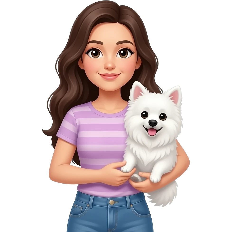 quero uma mulher com cabelo grande segurando um spitz alemão branco emoji