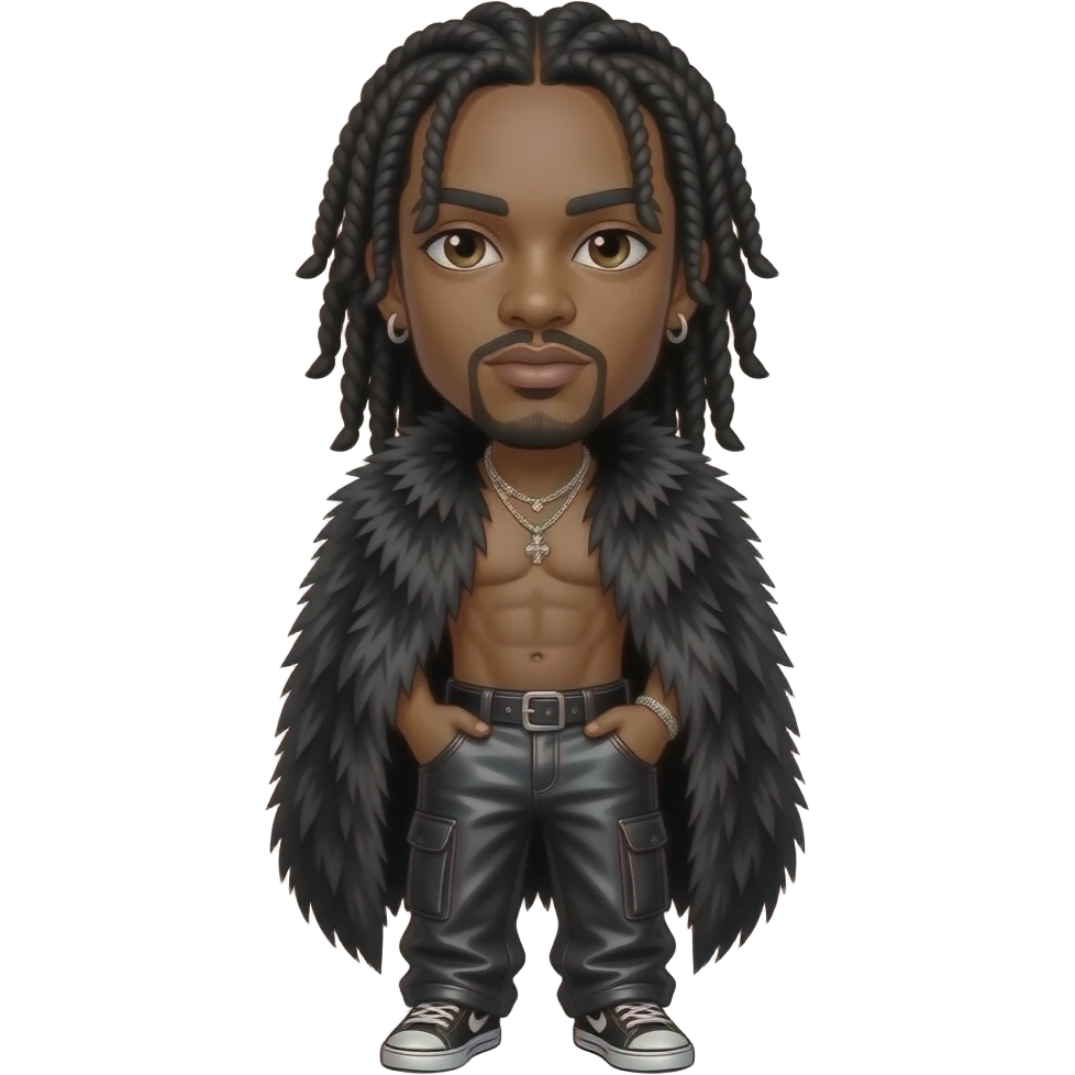 Bizzy Bone from Bone Thugs-N-Harmony with brown eyes, long black hair, black fur shawl, black metallic baggy pants, shirtless with necklace and earrings emoji