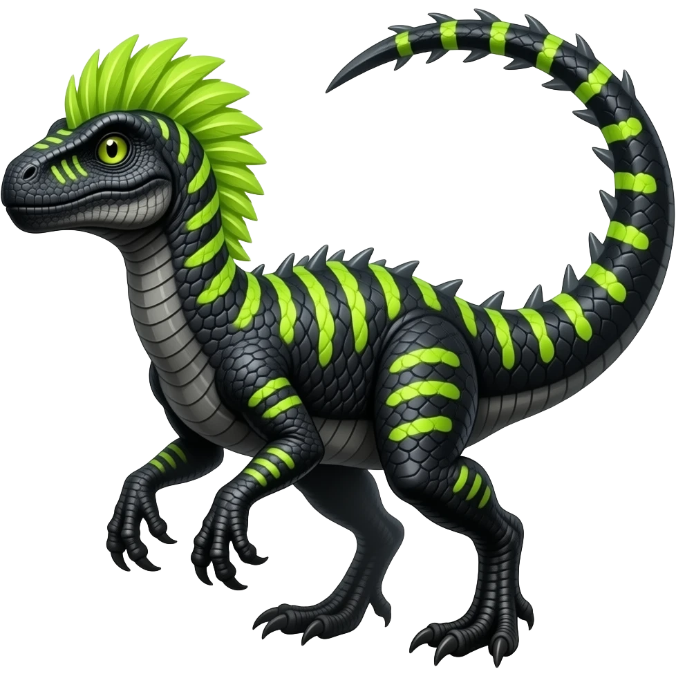 Cool edgy ancient black-scaled with neon-colored stripe markings digitigrade bipedal vintage futuristic raptorik fantasy-Cyberpunk-Steampunk-Solarpunk-Genesect-Salamence-Tyranitar-Vernid-Fionbri-Fakémon-animal-hybrid, with neon-green feather-mane, and a tail blade, back spikes, full body emoji